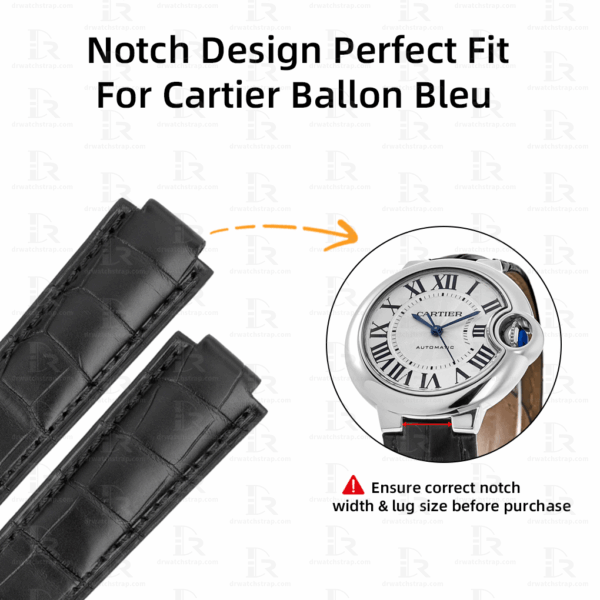 Custom Replacement black leather watch band for Cartier ballon bleu