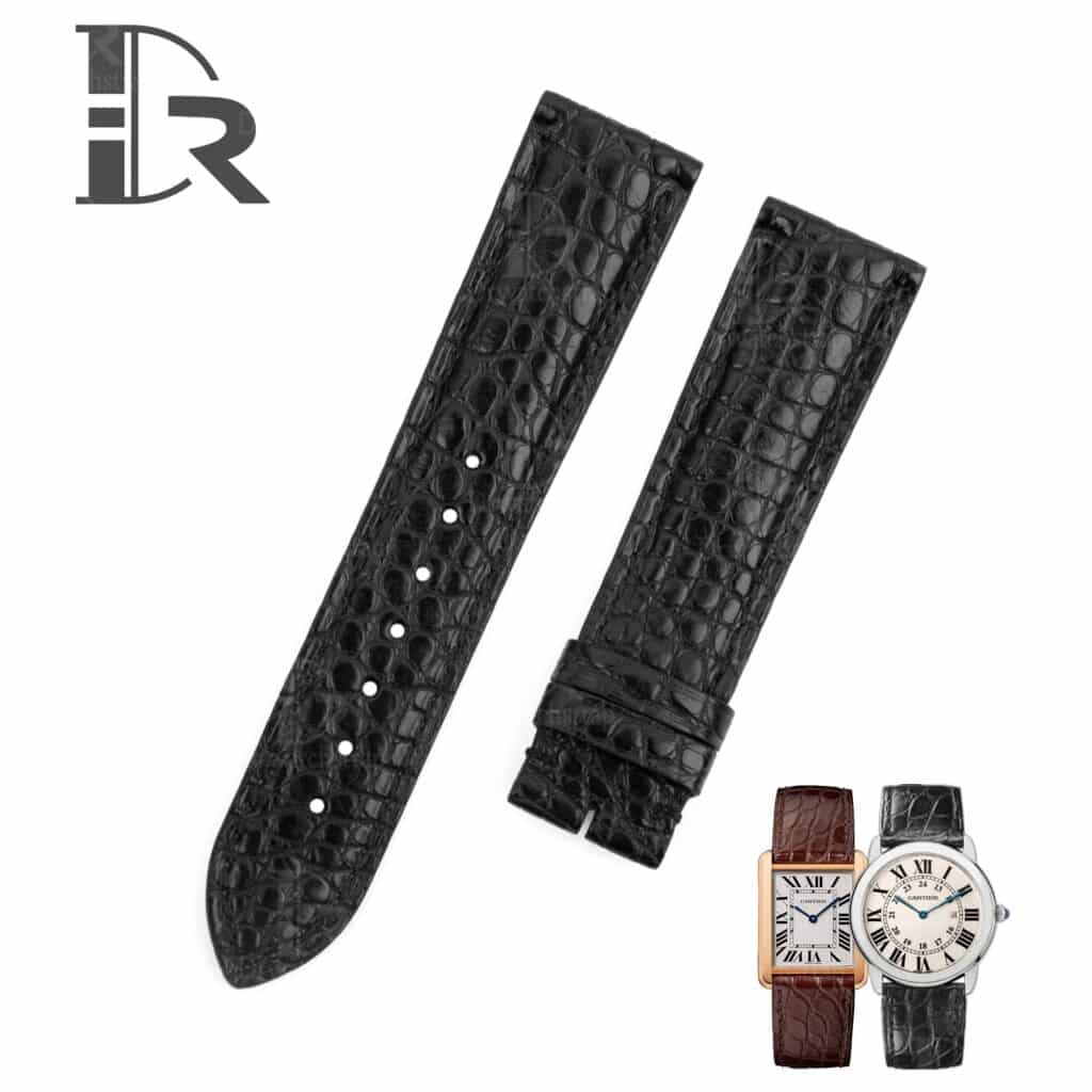Best quality genuine handmade black alligator round-scale Cartier Tank Ronde Solo leather strap and watch band replacement online for Cartier Ronde & Tank Solo, American tank, France tank, Must, Ronde, Cle de, and more watches - custom aftermarket watch bands OEM