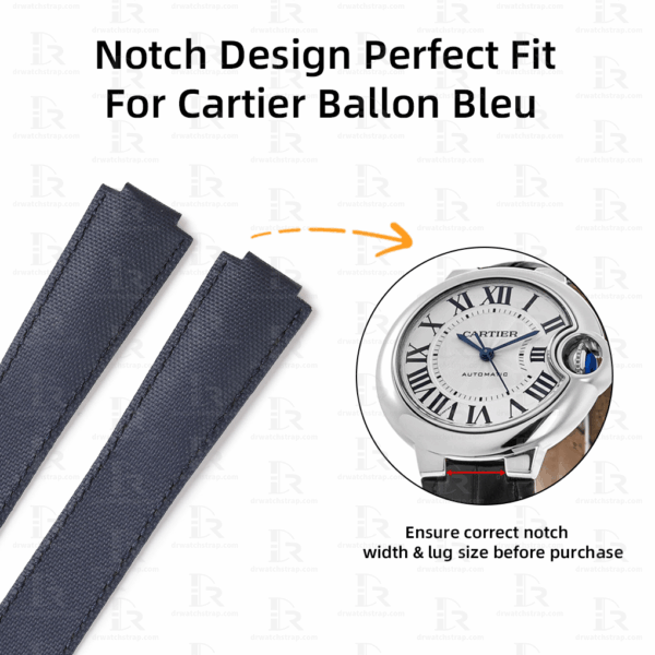 Custom canvas Blue leather watch strap for Cartier Ballon bleu Notch Design Perfect Fit 33mm 36mm 42mm