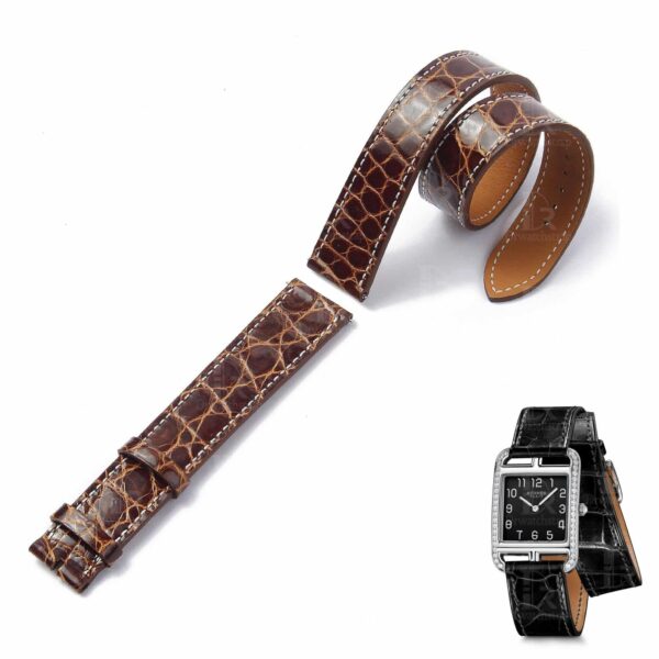 Handmade best quality alligator crocodile round-scale leather Hermes watch band and watch strap Double tour replacement for sale - Brown double wrap watch bands online for Hermes Heure H Cape COD Arceau luxury watches 38mm 44mm