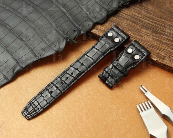 Custom OEM best quality American Alligator black Belly-scale leather replacement IWC Big Pilot watch strap and watch band online - Shop the high-end straps and watchbands at a low price 22mm with rivets