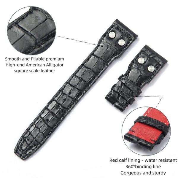 Custom OEM best quality American Alligator black Belly-scale leather replacement IWC Big Pilot watch strap and watch band online - Shop the high-end straps and watch bands at a low price 22mm with rivets