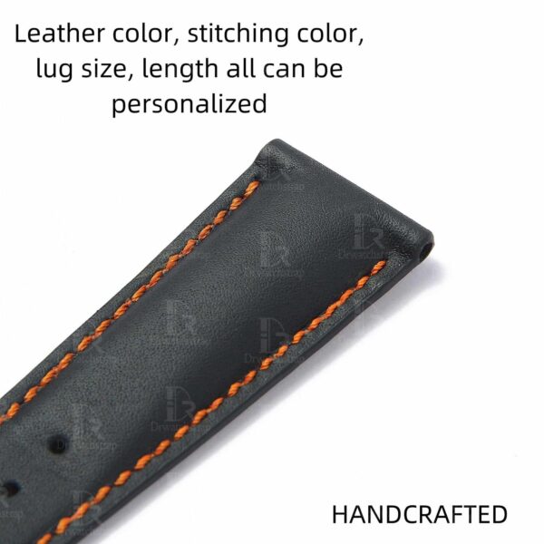 Custom Omega Seamaster leather watch bands - black leather orange stitching