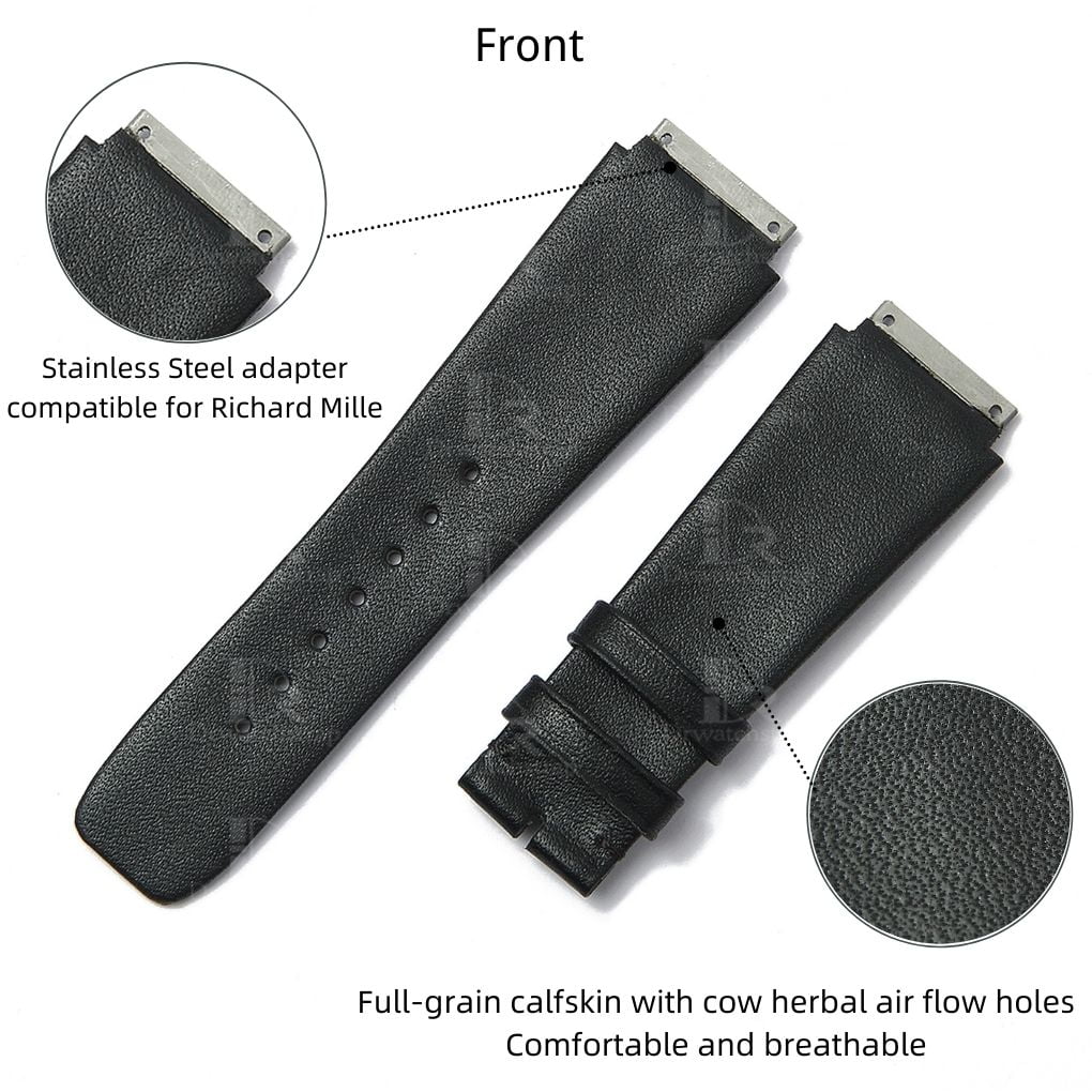 Custom Black calfskin leather watch straps for Richard Mille RM005 007 010 011 016 030 035 055 067