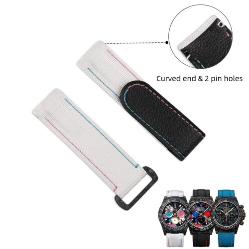 Custom aftermarket band replacement white velcro watch strap 20mm curved end with 2 sping bar pin holes for Rolex DIW Daytona Carbon luxury watches with the best quality nylon canvas watch straps & watch bands from DR watchstrap online at a low price