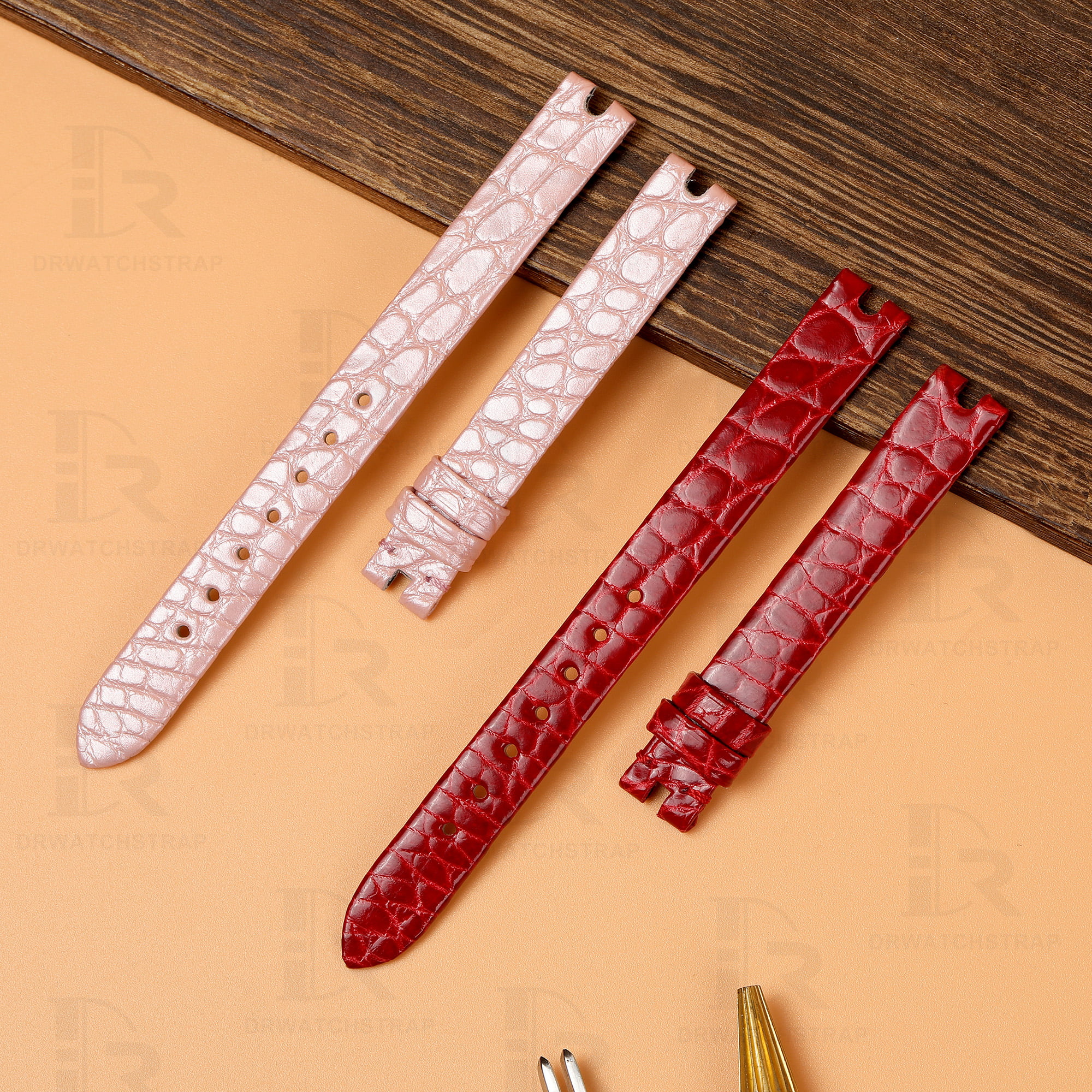 Custom genuine alligator round-scale red pink leather watch strap & watch band replacement