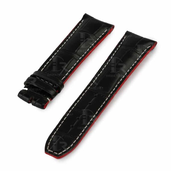 Curved end custom handmade black watch band for Baume & Mercier straps with red oil edge