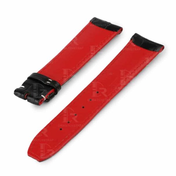 Curved end custom handmade black watchbands for Baume & Mercier strap with red oil edge