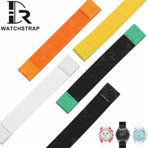 Custom handmade 20mm 21mm Elastic band yellow orange brown black white Swatch Omega Speedmaster watch strap