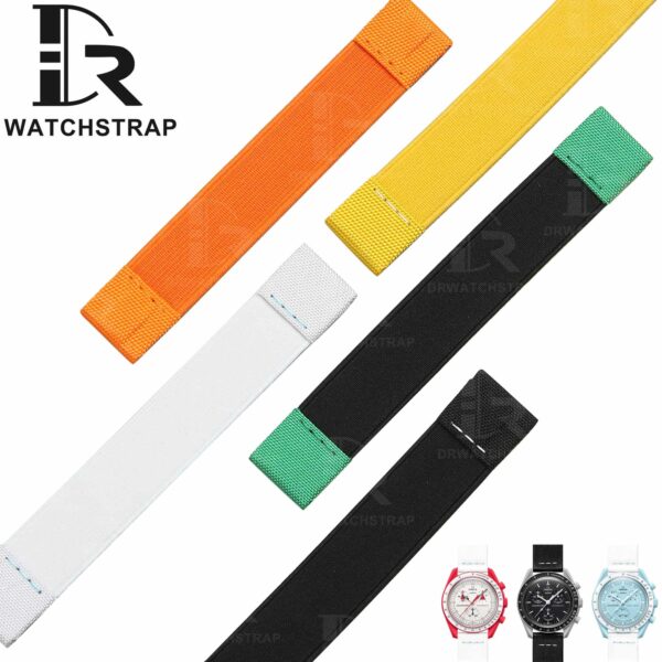 Custom handmade 20mm 21mm Elastic band yellow orange brown black white Swatch Omega Speedmaster watch strap