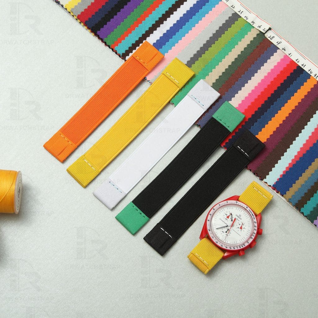 Custom handmade 20mm 21mm Elastic aftermarket yellow orange brown black white Omega watch band & watch strap replacement for Swatch Omega Speedmaster watch strap and buy best Omega Speedmaster straps online from DR watchstrap at a low price