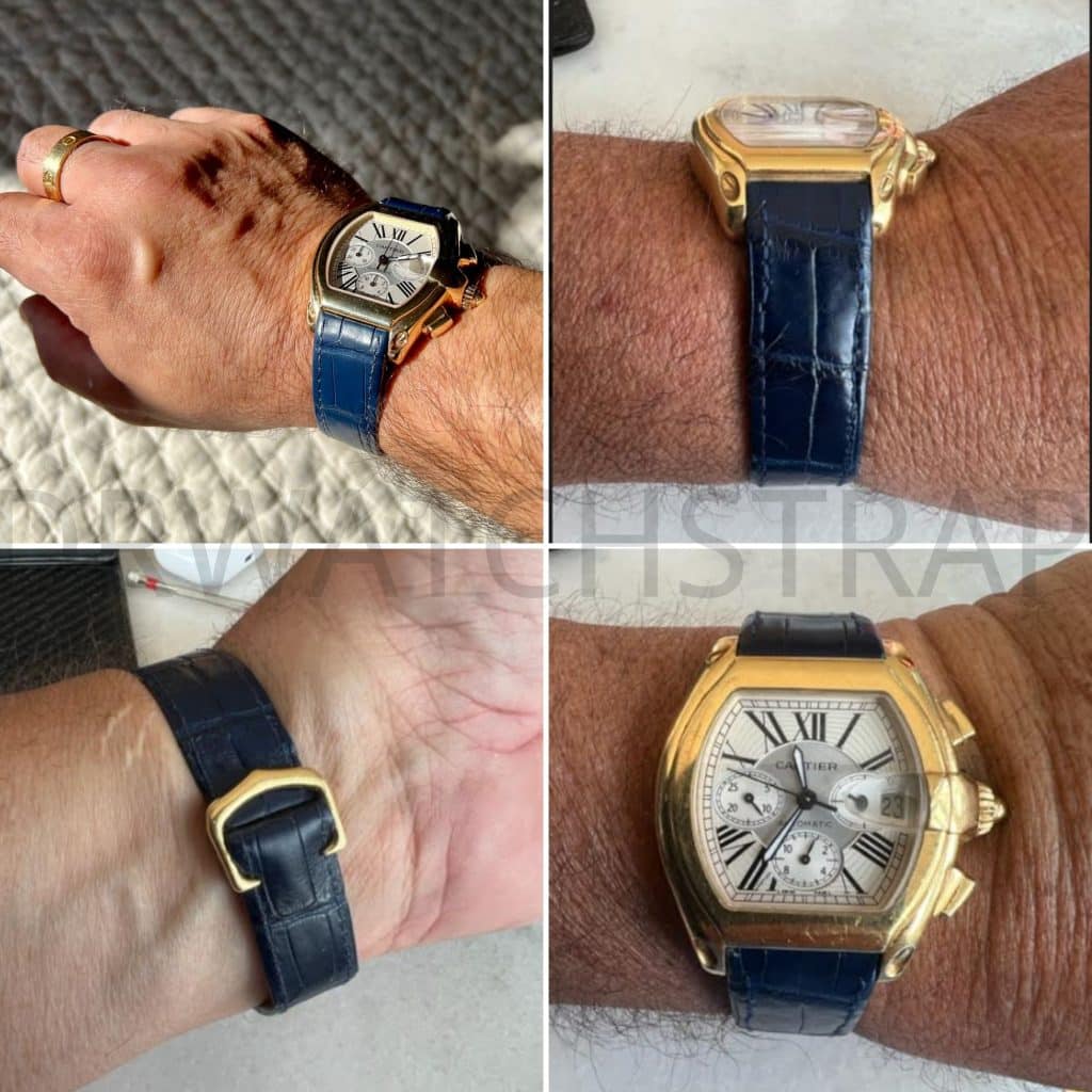Custom blue alligator leather strap for Cartier Roadster