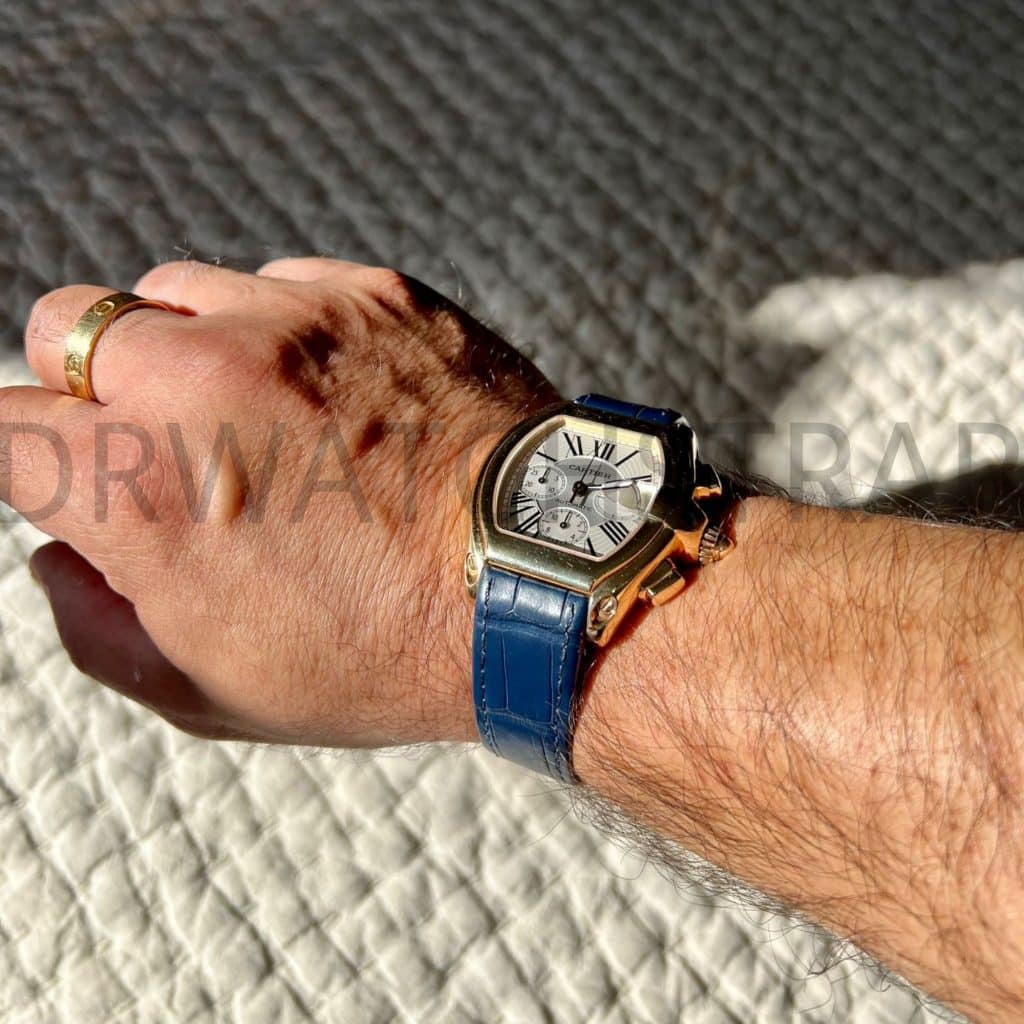 Custom blue alligator leather strap for Cartier Roadster