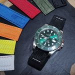 Rolex Cellini Moonphase Curved end Blue alligator leather strap with white stitching watch band