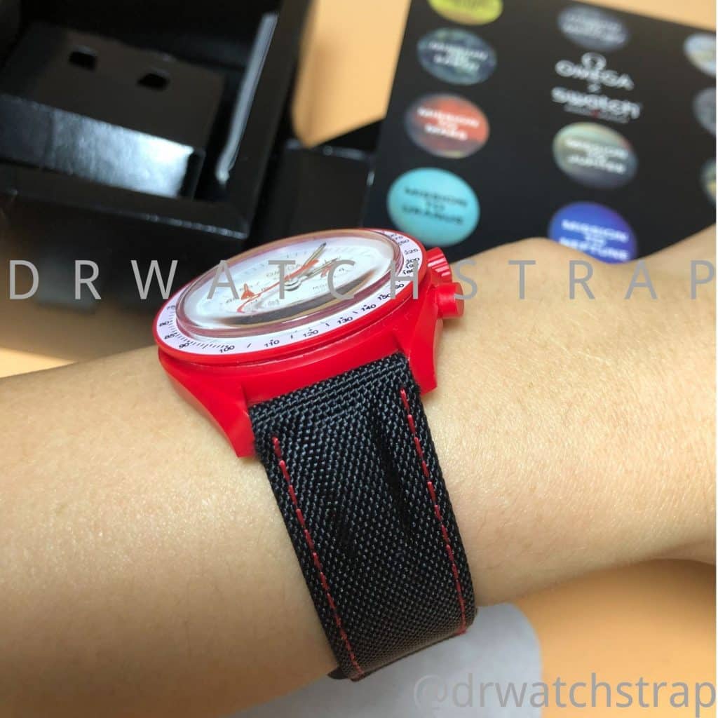 Custom nylon canvas velcro strap black elastic watch band 20mm for Omega x Swatch Mission to Mars red watch