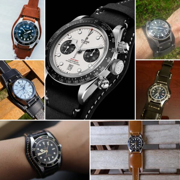 Custom handmade leather bund strap and watch band replacement for Tudor Black Bay 58 41 GMT Heritage as well as Rolex watches, Paul Newman Daytona, Omega Speedmaster, Tudor, Oris, Seiko, Breitling, and any other watches with a flat end.