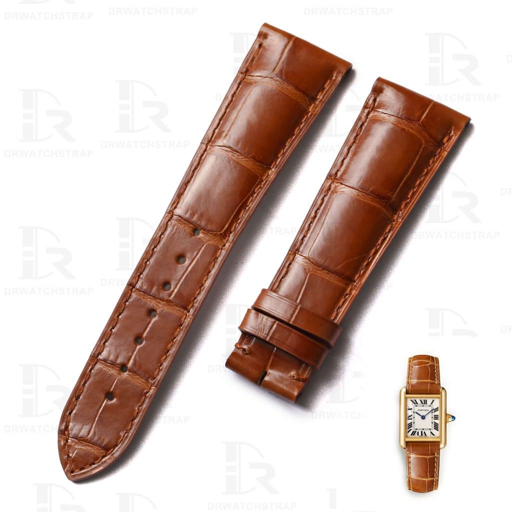 Premium best quality American Alligator OEM custom brown 23mm Cartier tank leather straps & watch bands for Cartier Tank & Ronde SOLO watches online from DR Watchstrap - Shop the genuine crocodile handmade leather watch strap and watch band online at a low price