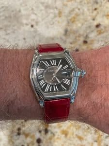 Custom red alligator leather strap for Cartier Roadster