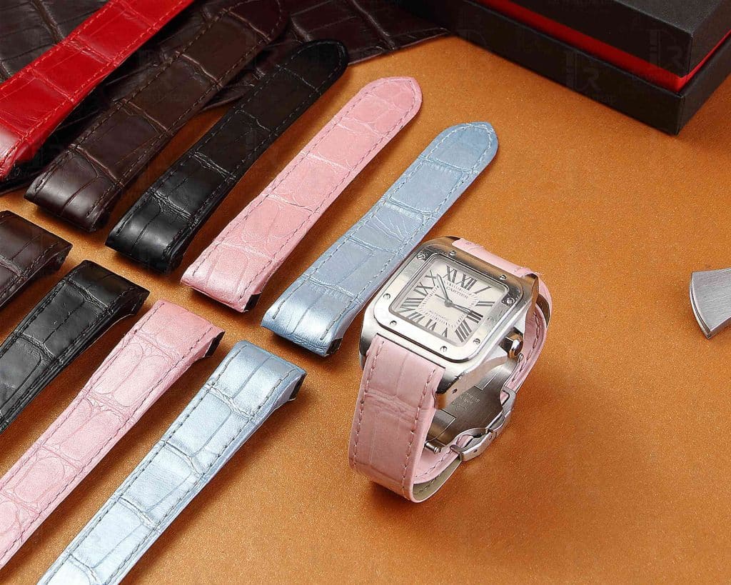 Cartier Santos 100 Medium Large XL replacement pink alligator leather straps watch bands for sale