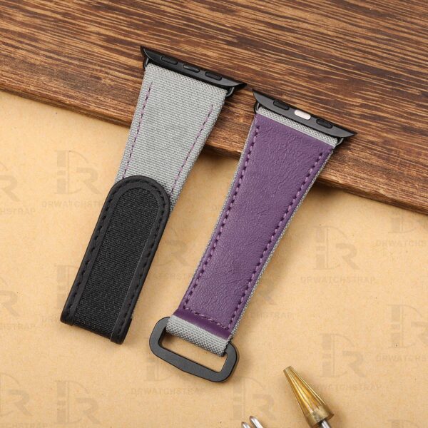 Apple gray canvas nylon velcro watch strap purple lining stitching