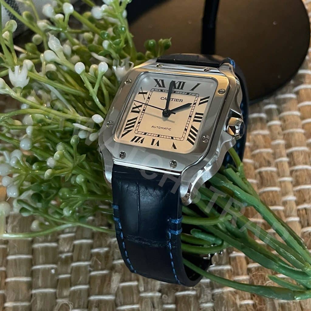 Cartier Santos Medium 35mm with Blue alligator replacement watch band from drwatchstrap (1)