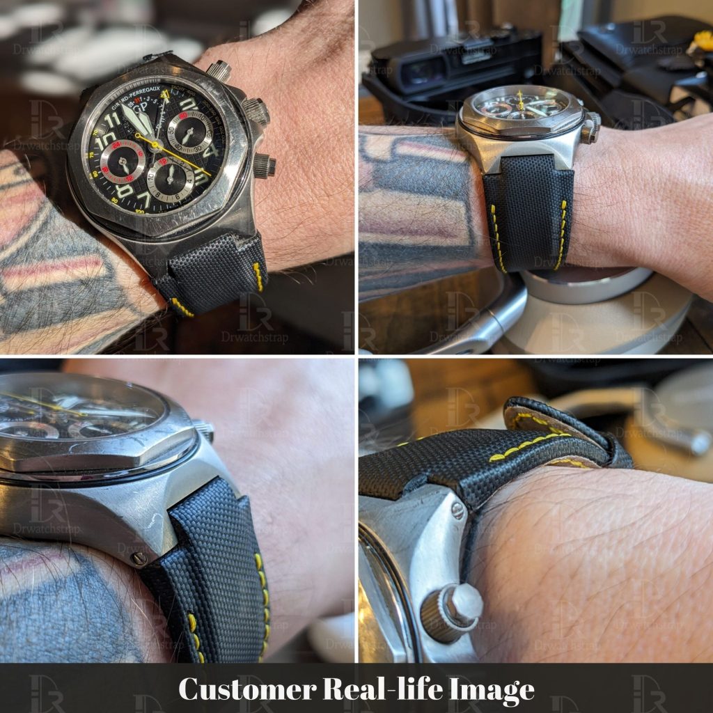 Replacement Blue Canvas Nylon Fabric watch Band Yellow Stitching for Girard Perregaux Laureato Evo3 80180 strap