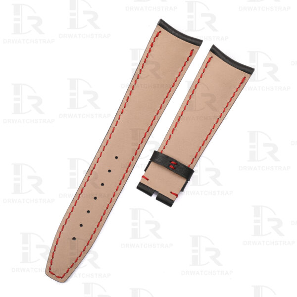 Custom curved leather watch strap 20mm black calfskin red stitching (2)