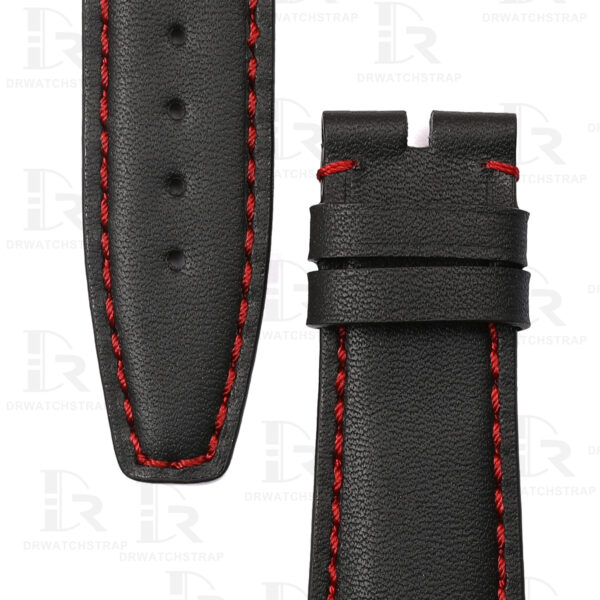 Custom curved leather watch strap 20mm black calfskin red stitching (3)