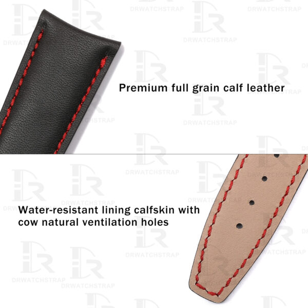 Custom curved leather watch strap 20mm black calfskin red stitching (4)