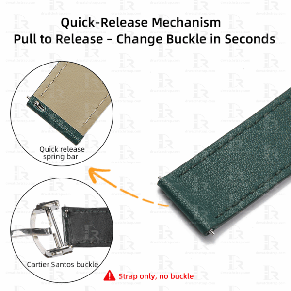 Custom Green Calfskin leather strap push button deployant clasp for Cartier Santos on